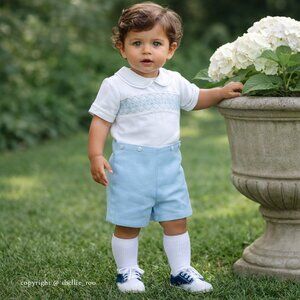 Blue and White Boy's Linen Bobby Suit Heirloom Boutique 18/24 Months NWT